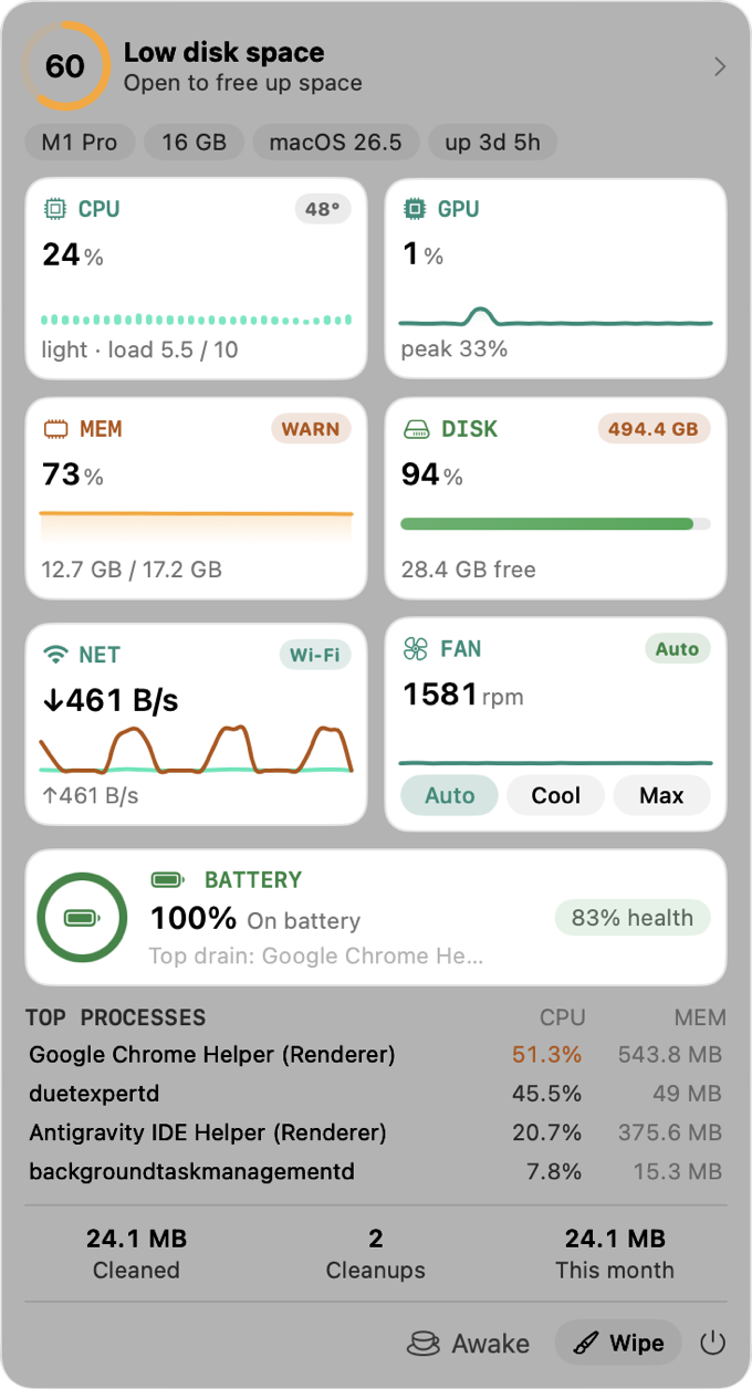 Freshist menu bar HUD — live vitals with fan presets, Keep Screen On and Eject All